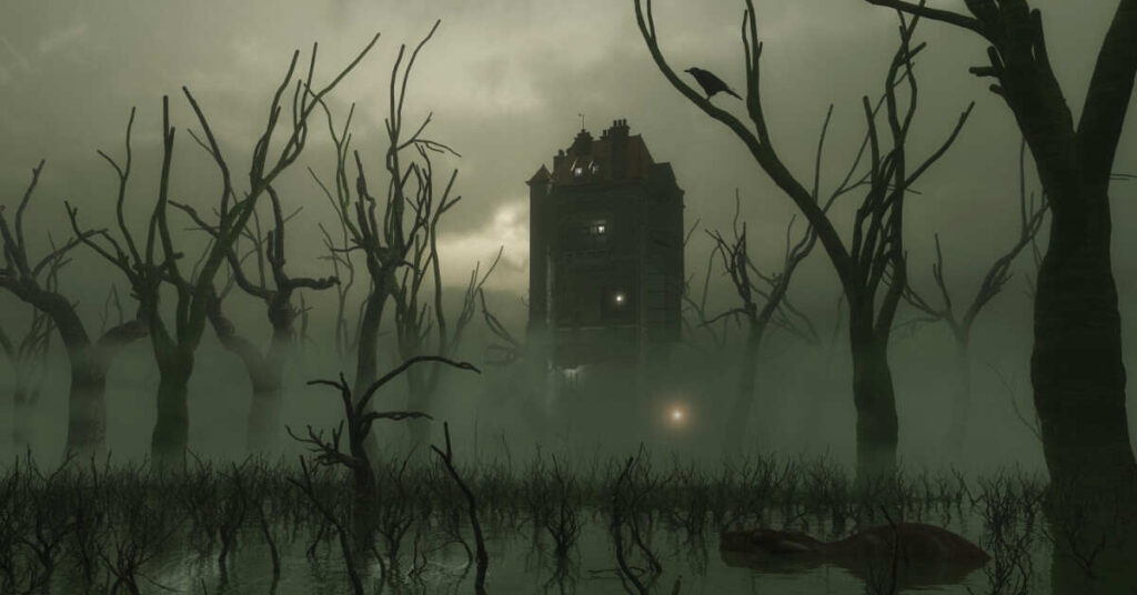 A haunting castle in a forest, representing the biblical meaning of a witch in a dream.

