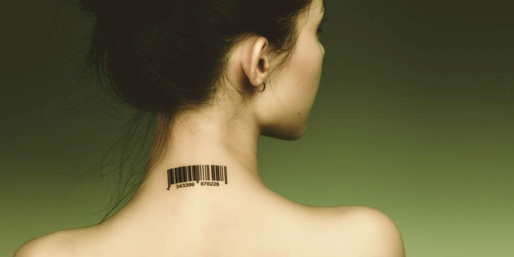 The image features a woman with a neck tattoo, prominently displaying a barcode tattoo on her back, symbolizing individuality.

