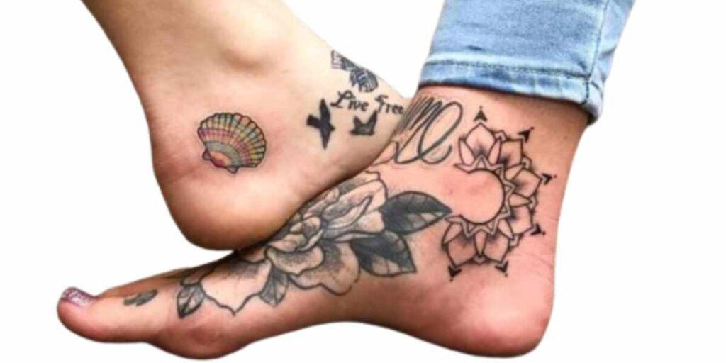 A close-up of a person's feet adorned with tattoos, showcasing various designs and their tattoo placement meanings.
