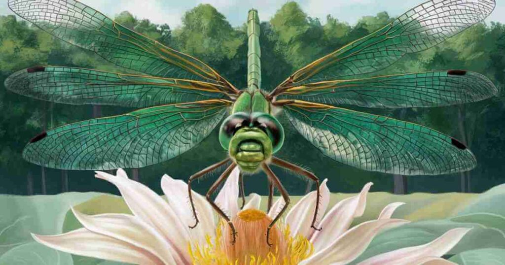 A beautifully crafted painting featuring a green dragonfly on a flower, capturing the essence of nature's harmony.