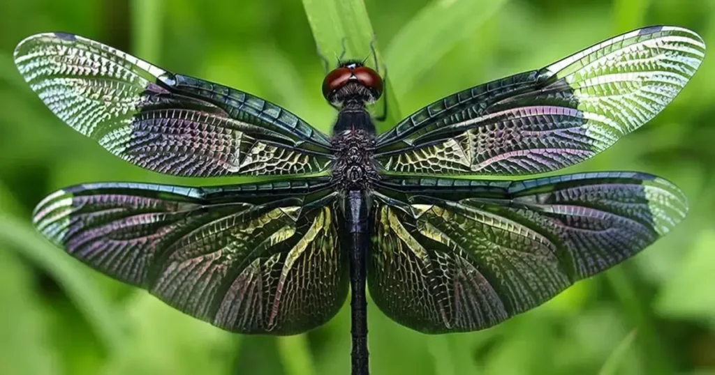 An artistic representation of a green dragonfly perched on a flower, highlighting the intricate details of both subjects.
