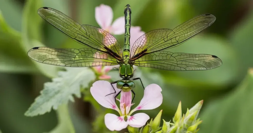  A vibrant painting depicting a green dragonfly resting delicately on a colorful flower, showcasing nature's beauty.