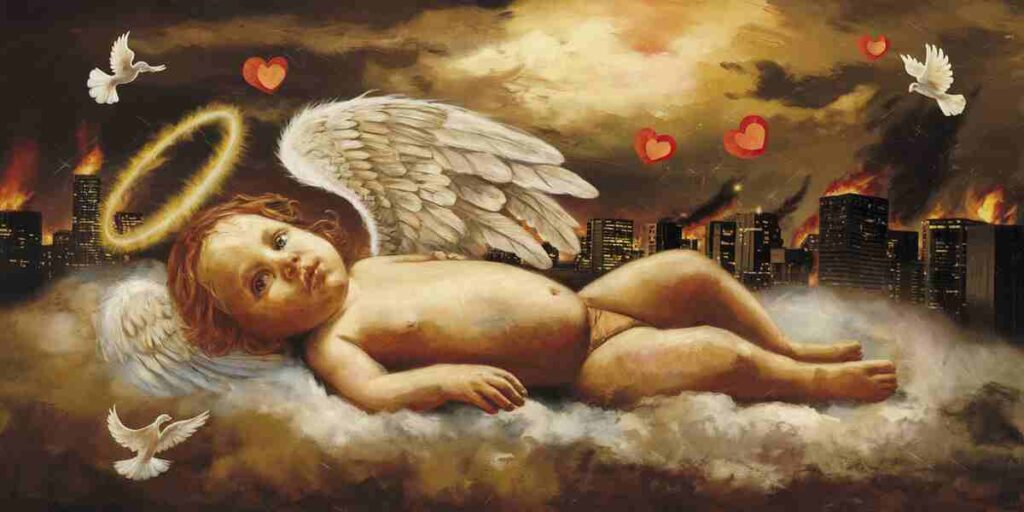 An angelic baby adorned with heart motifs on his chest, symbolizing a child dying in a dream, radiating peace and love.
