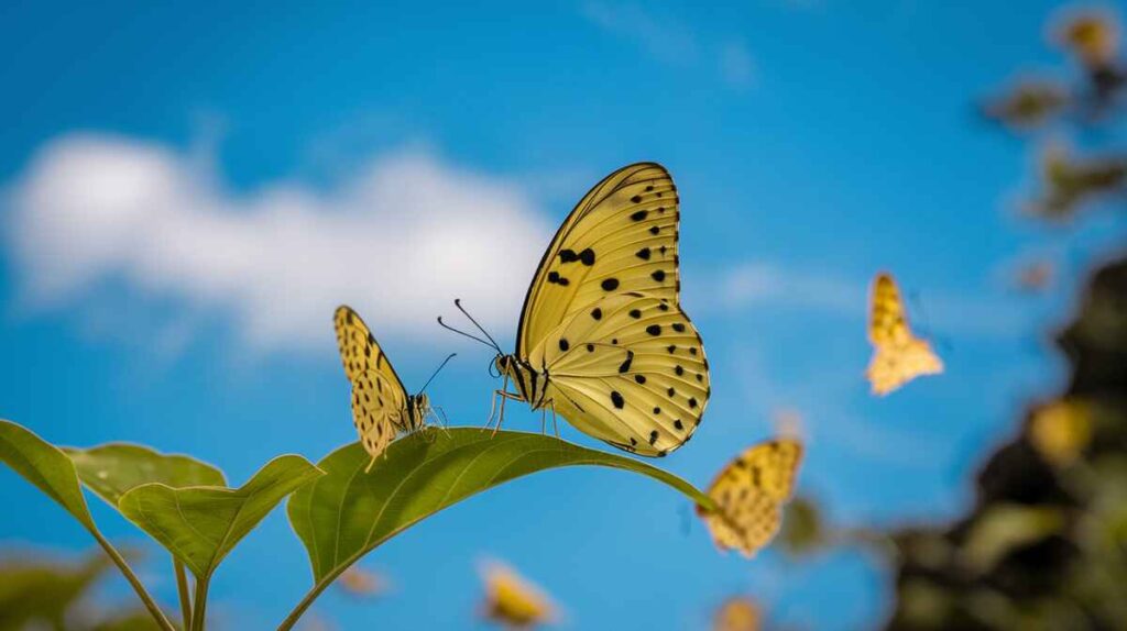 A yellow butterfly resting delicately on a green leaf, showcasing its vibrant colors against the natural backdrop.
